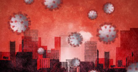 Bild von lebendigen 19 Zellen, die über dem Stadtbild auf rotem Hintergrund schweben. Global Coronavirus covid 19 Pandemiekonzept digital generierte Bild.