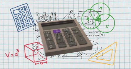 Photo for Image of calculator and math drawings on white background. Education, school items and school concept, digitally generated image. - Royalty Free Image