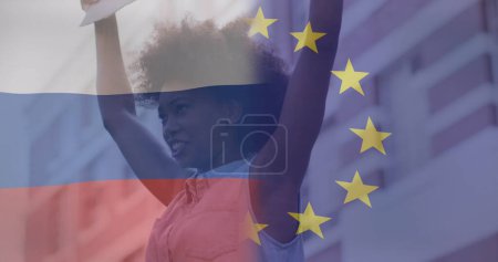 Téléchargez les photos : Image du drapeau de la Russie et de l'union européenne sur une manifestante afro-américaine. ukraine crise et politique internationale concept image générée numériquement. - en image libre de droit