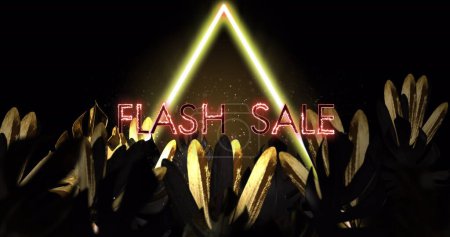 Photo for Image of flash sale text and neon triangle over leaves on black background. Retro future and digital interface concept digitally generated image. - Royalty Free Image