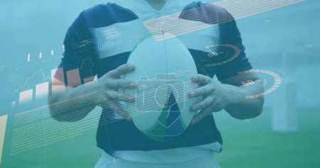 Bild der Statistik über Rugbyspieler. globaler Sport, Technologie, digitale Schnittstelle und Verbindungskonzept digital generiertes Bild.