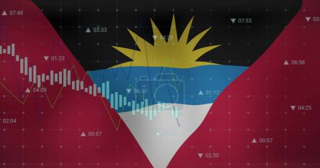 Téléchargez les photos : Image de graphiques traitant des données sur le drapeau d'Antigua-et-Barbuda. Économie nationale, voyages, données, finances, interface numérique, affaires et communication, image générée numériquement. - en image libre de droit