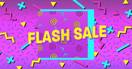 Photo for Image of the words Flash Sale in yellow letters with a purple square and brightly coloured shapes on a purple background - Royalty Free Image