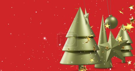 Photo for Image of stars and snow over christmas decorations on red background with copy space. Christmas, tradition and celebration concept digitally generated image. - Royalty Free Image