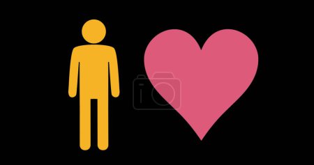 Foto de Una figura de palo amarillo se encuentra junto a un gran corazón rosa. El gráfico simboliza el amor o el afecto, representando un concepto de citas o salud. - Imagen libre de derechos