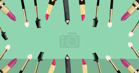 Photo for Image of different cosmetics and accessories icons on green black background. Beauty, cosmetics, icons and background concept digitally generated image. - Royalty Free Image