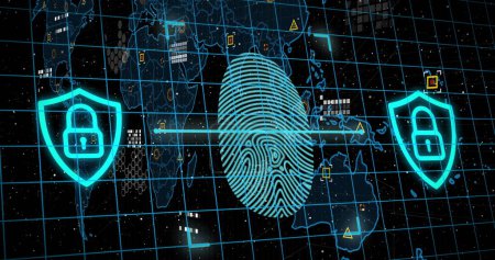 Photo for Image of online biometric fingerprint, markers and data processing over world map. global online security, digital interface and data processing concept digitally generated image. - Royalty Free Image