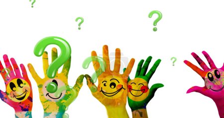 Photo for Image of question marks over hands with emoji icons on white background. Global education and digital interface concept digitally generated image. - Royalty Free Image