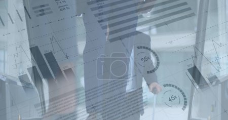 Photo for Image of financial data processing over business people using escalator in office. global finance, business and digital interface concept digitally generated image. - Royalty Free Image