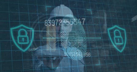 Image of numbers, fingerprint scanning and digital padlocks over caucasian male builder. Business, data security and technology concept digitally generated image.
