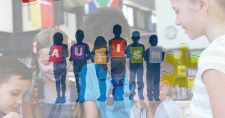 Image de pièces de puzzle colorées et texte sur l'autisme enfants amis. autisme, difficultés d'apprentissage, concept de soutien et de sensibilisation image générée numériquement.