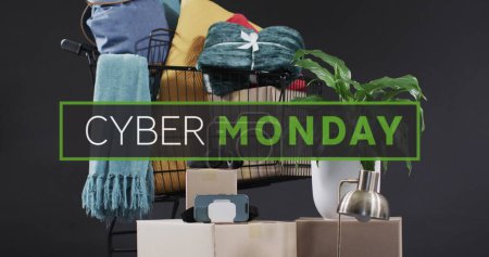 Photo for Image of cyber monday text over gift boxes in shopping trolley. Sales, retail, cyber shopping, digital interface, communication, computing and data processing concept digitally generated image. - Royalty Free Image