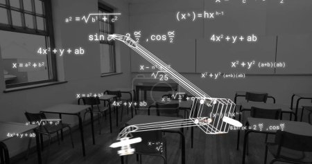 Photo for Image of compass icon and mathematical equations over empty classroom. Education, learning, knowledge, science and digital interface concept digitally generated image. - Royalty Free Image