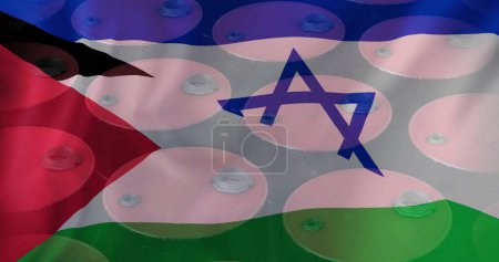 Photo for Image of oil barrels over flag of israel and palestine. Palestine israel conflickt, finance, business and data processing concept digitally generated image. - Royalty Free Image