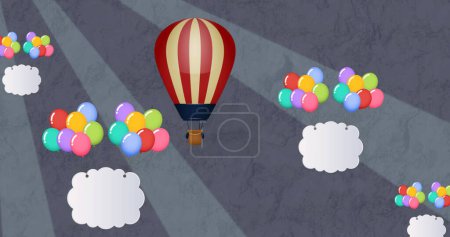 Téléchargez les photos : Image de montgolfières colorées volant avec des nuages et montgolfière sur fond gris. concept de fête et de célébration image générée numériquement. - en image libre de droit
