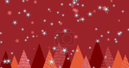 Téléchargez les photos : Plusieurs étoiles et icônes de flocon de neige tombant contre plusieurs icônes de l'arbre de Noël sur fond rouge. Noël fête et concept de célébration - en image libre de droit