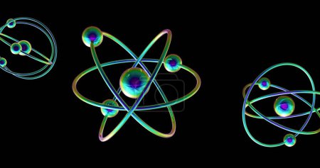 Photo for Image of atom models spinning on black background. Global science, research, connections, computing and data processing concept digitally generated image. - Royalty Free Image