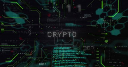 Photo for Image of cryptocurrency text and data processing over computer motherboard. Global online cyber security, computing and data processing concept digitally generated image. - Royalty Free Image