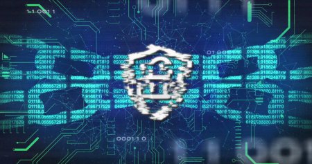 Foto de Image of digital shield with padlock and block chain over binary code and navy background. Internet safety, data security, data processing and technology concept digitally generated image. - Imagen libre de derechos