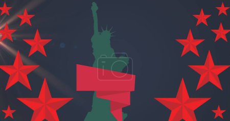 Photo for Image of red stars and statue of liberty silhouette on black background. American patriotism, freedom, independence and symbols concept digitally generated image. image of red stars and stat - Royalty Free Image