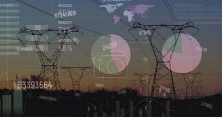 Bild der Finanzdatenverarbeitung über Strommasten auf dem Feld. Globale Finanzen, Energie- und Umweltkonzept digital generiertes Image.
