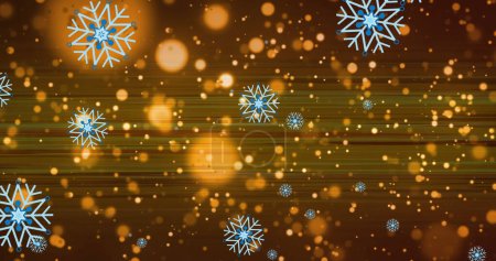 Photo for Image of snowflakes over light spots and trails on black background. Winter, light and movement concept digitally generated image. - Royalty Free Image