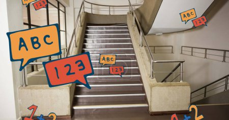 Image of school items icons moving over stairs. education, development and learning concept digitally generated image.