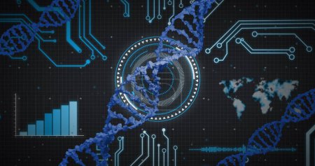 Imagen de la cadena de ADN sobre el procesamiento de datos. Concepto de negocio global e interfaz digital imagen generada digitalmente.