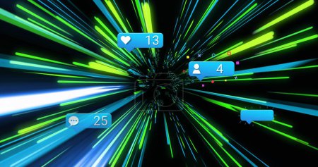 Photo for Image of network of connections with icons over green and blue neon light trails. Global social media, connections, computing and data processing concept digitally generated image. - Royalty Free Image