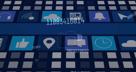 Bild von Mediensymbolen auf blauem Hintergrund. Konzept der sozialen Medien und Kommunikationsschnittstelle digital generiertes Bild.