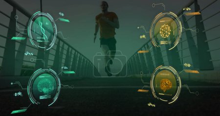 Photo for Image of data processing over caucasian man running. Global sports, science, computing, digital interface and data processing concept digitally generated image. - Royalty Free Image