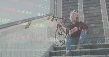 Image of financial data and graphs over african american albino man with bike. Global business, city life, finance and economy concept digitally generated image.