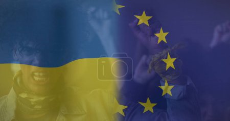 Bild der Flagge der Ukraine und der Europäischen Union über einem afrikanisch-amerikanischen männlichen Demonstranten. Ukraine-Krise und internationales Politikkonzept digital generiertes Image.