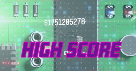 Photo for Image of high score text over data processing and computer circuit board. global social media, computing and digital interface concept digitally generated image. - Royalty Free Image