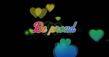 Imagen de ser texto orgulloso y corazones de arco iris sobre fondo negro. Orgullo mes, lgbtq, derechos humanos e igualdad concepto de imagen generada digitalmente.