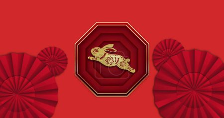 Photo for Image of chinese pattern and rabbit year decoration on red background. Chinese new year, festivity, celebration and tradition concept digitally generated image. - Royalty Free Image