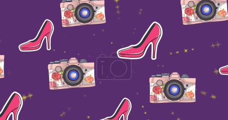 Bild von Schuhen und Kamera-Symbolen auf lila Hintergrund. Mode, Stil und digitales Interface-Konzept digital generiertes Image.