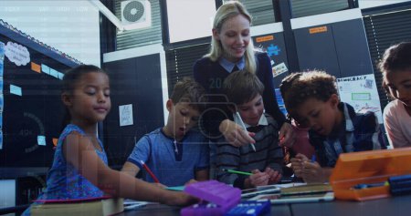 Photo for Image of data processing over caucasian female teacher with diverse schoolchildren. Global education and digital interface concept digitally generated image. - Royalty Free Image