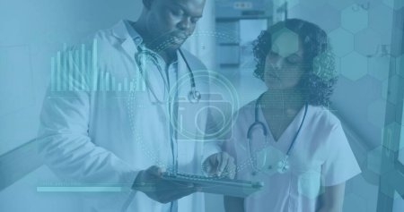 Image of medical data processing over diverse doctors. Global healthcare, science, medicine, research, computing and data processing concept digitally generated image.