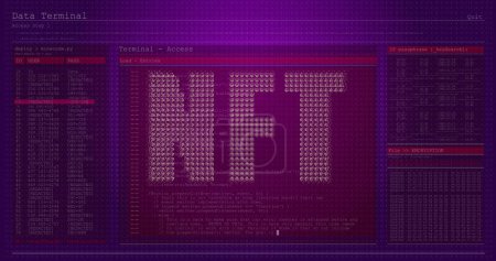 Foto de Nft text banner against computer interface with data processing against purple background. cryptocurrency and art technology concept - Imagen libre de derechos