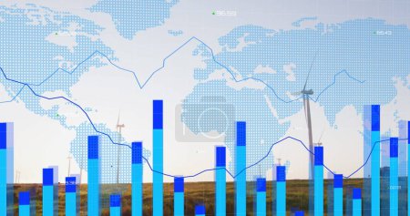 Foto de Image of data processing over wind turbines. global business and digital interface concept digitally generated image. - Imagen libre de derechos