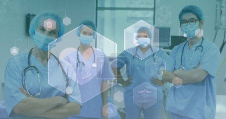 Image d'icônes médicales sur divers médecins portant des masques. médecine mondiale, soins de santé et technologie pendant le concept covid 19 pandémie image générée numériquement.