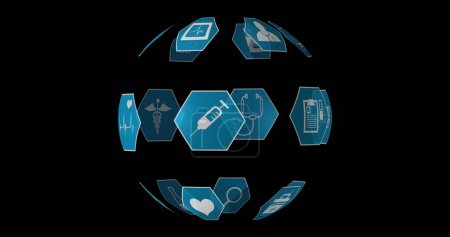 Téléchargez les photos : Image numérique de différentes icônes médicales en hexagones bleus disposés en rotation sphérique sur un fond noir 4k - en image libre de droit