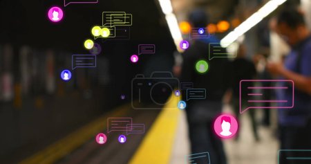 Image of social media reactions over blurred train station. Social media, network, communication and technology concept digitally generated image.