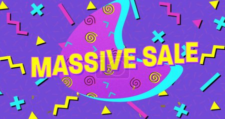 Image of the words Massive Sale in yellow letters with a purple crescent and brightly coloured abstract shapes on a purple background 