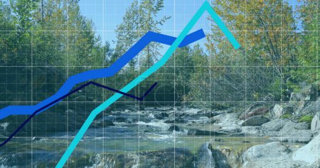 Image of multiple graphs over stream in forest against clear sky. Digital composite, multiple exposure, report, finance, business, database, forest, river and nature concept.