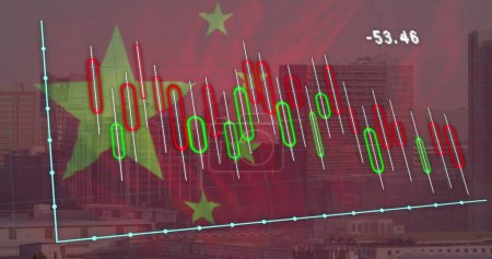 Téléchargez les photos : Image du drapeau de la Chine et du traitement des données financières sur le paysage urbain. Concept global d'entreprise, de finance, de traitement de données et d'interface numérique image générée numériquement. - en image libre de droit