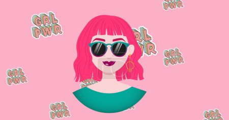 Photo for Image of girl power text over woman wearing sunglasses. female power, feminism and gender equality concept digitally generated image. - Royalty Free Image