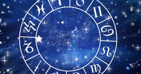 Photo for Composition of taurus star sign symbol in spinning zodiac wheel over glowing stars. horoscope and zodiac sign concept digitally generated image. - Royalty Free Image