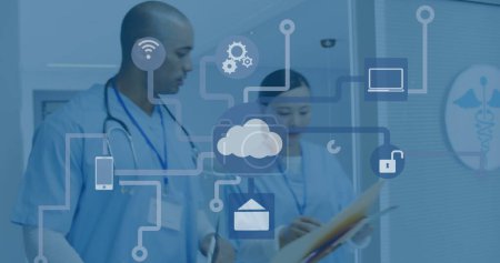 Image de réseau de connexions avec des icônes sur divers médecins à l'hôpital. Concept de médecine mondiale, de santé et d'interface numérique image générée numériquement.